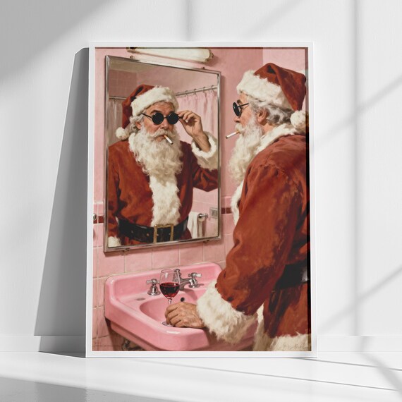 Santa Claus in Retro Pink Bathroom Funny Vintage Christmas Poster