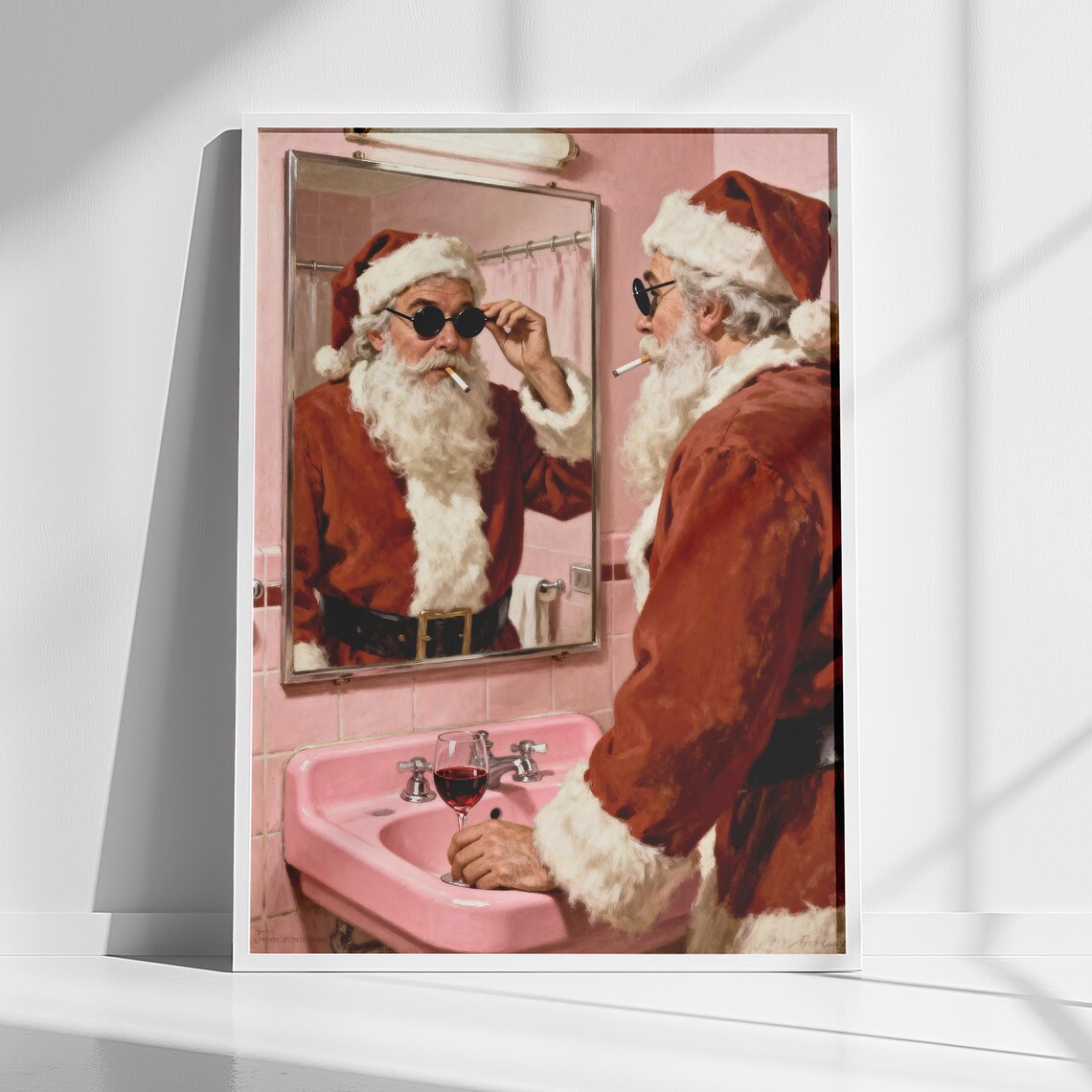 Santa Claus in Retro Pink Bathroom Funny Vintage Christmas Poster