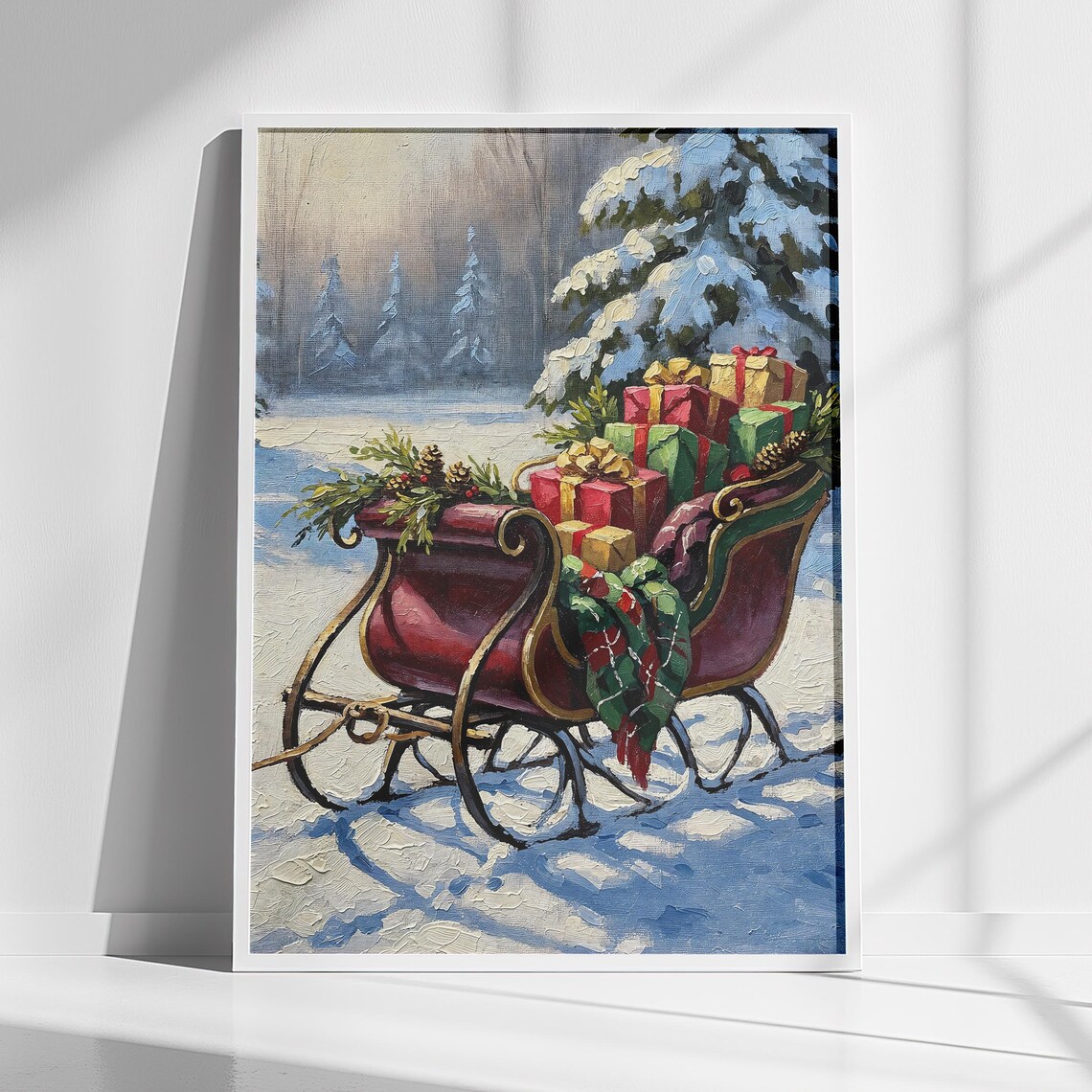 Christmas Sleigh Full of Gifts Snowy Forest Nostalgic Oil Painting Poster