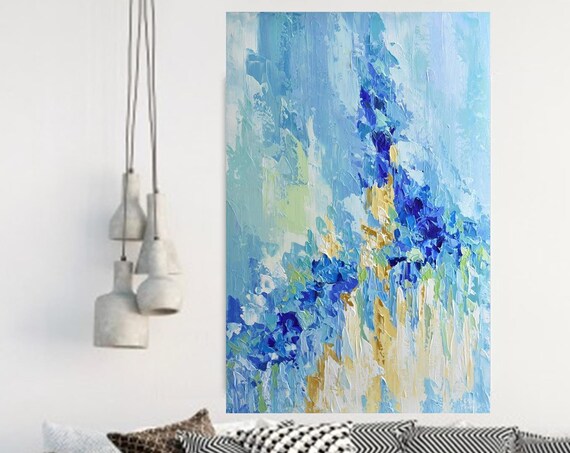 Blue Abstract Painting On Original Wall Art Modern Artwork Water Painting Palette Knife Contemporary Art Impasto Painting