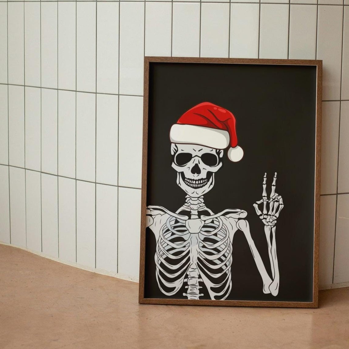 Christmas Skeleton Poster Skeleton With Santa Hat Print Skeleton Peace Sign Goth Christmas Decor Wall Art Funny Holiday Decor