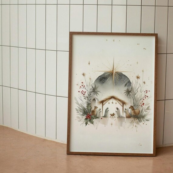 Christmas Nativity Watercolor Art Print, Christian Faith