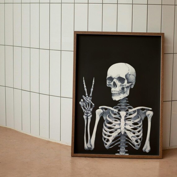 Skeleton Peace Sign Poster Black Watercolor Spooky Halloween Wall Decor