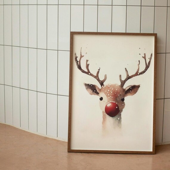 Reindeer Print, Rudolph Holiday Watercolour Poster