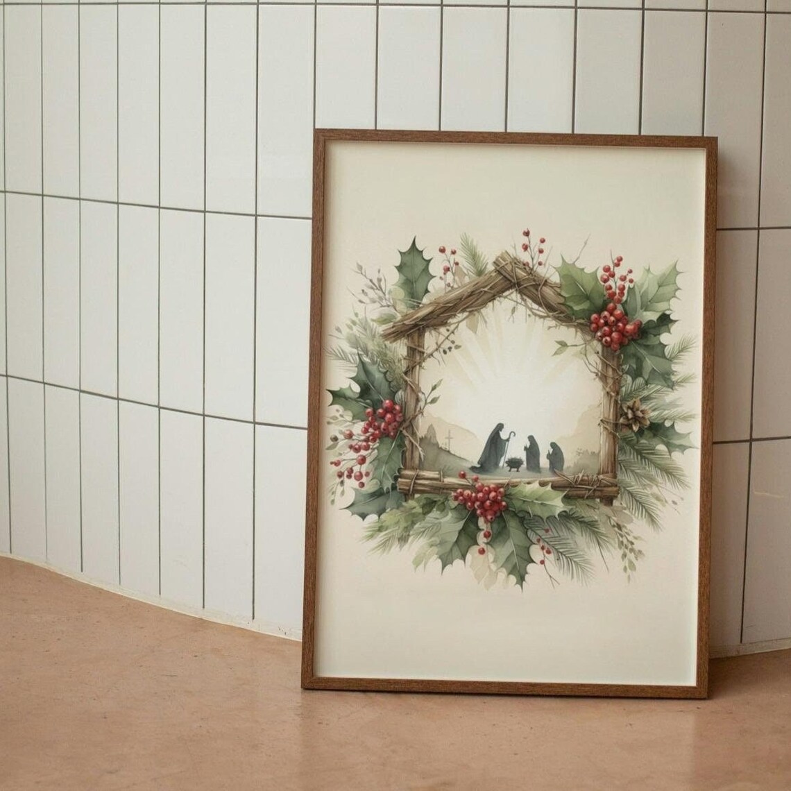 Nativity Scene Watercolor Art Print, Christian Faith