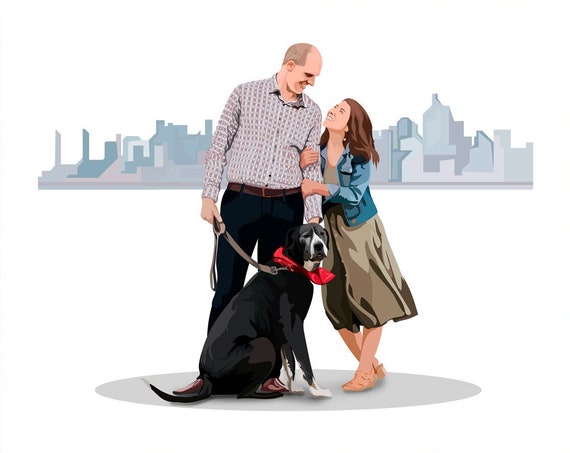 Personalized Family Portrait With Dog Custom Illustration Gift Print