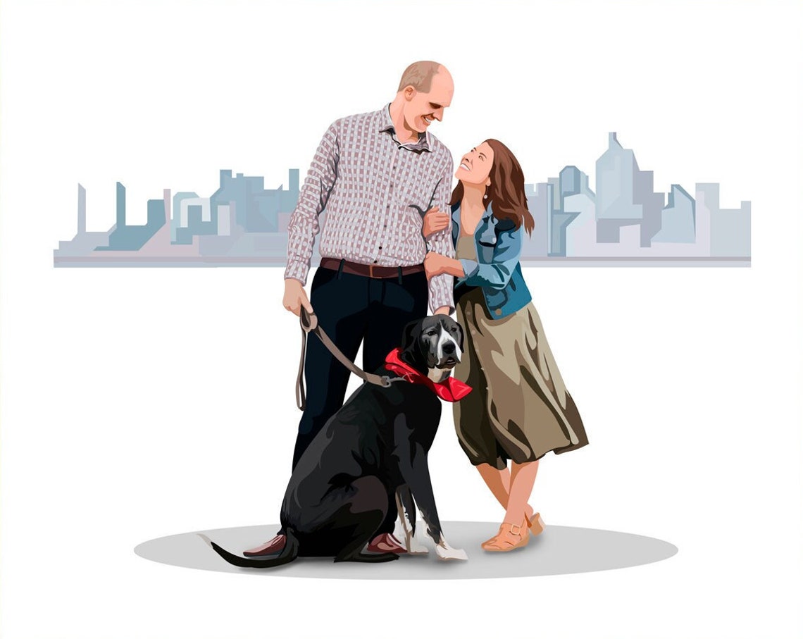 Personalized Family Portrait With Dog Custom Illustration Gift Print