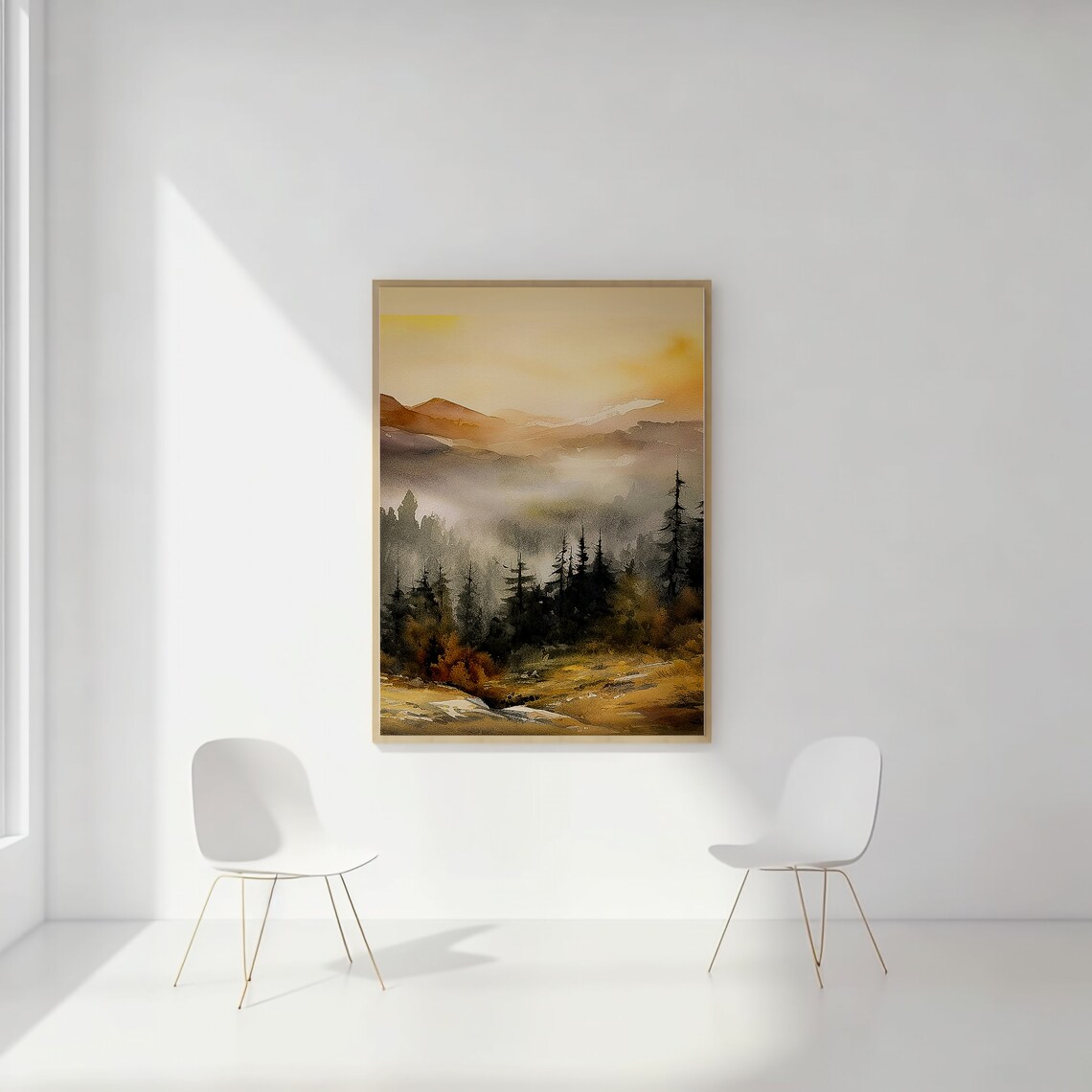 Misty Golden Dawn Mountain Pine Forest Foggy Watercolor Wall Art - Image 2