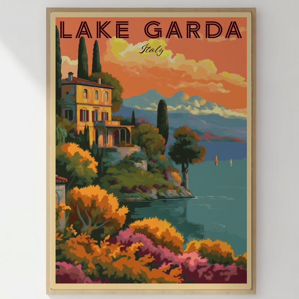 Lake Garda Italy Lakeside Villa Retro Sunset Vintage Travel Poster - Image 2