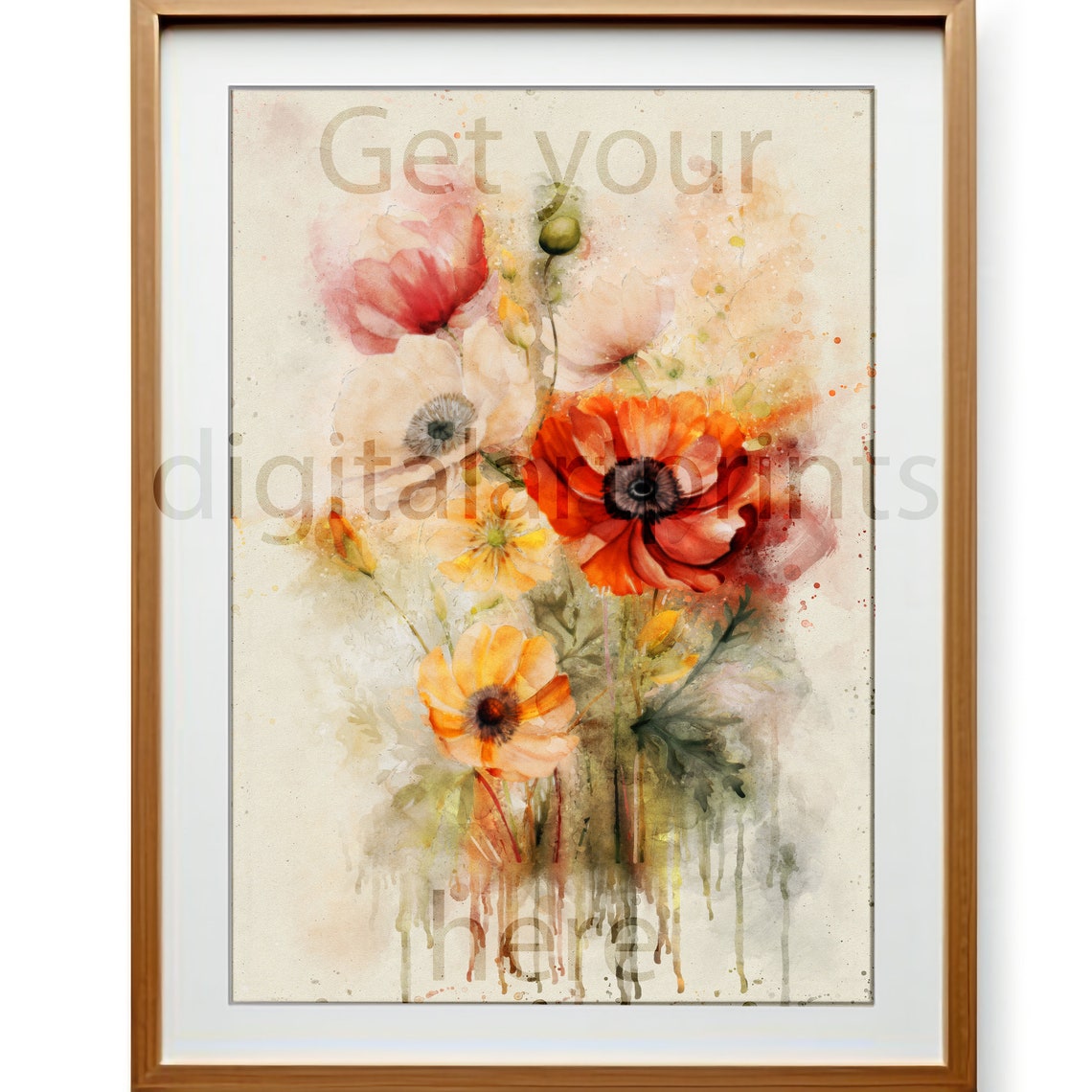 Soft Watercolor Poppy Poster with Red and Orange Blooms on Cream Paper - Image 3