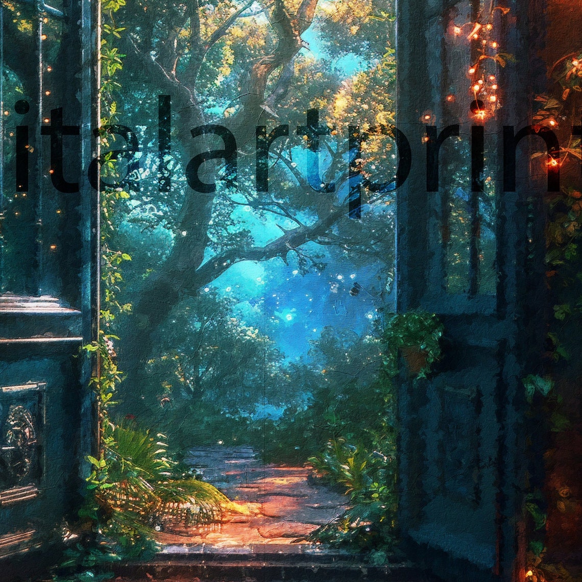 Enchanted Forest Seen Through Gothic Doors at Night Art Print - Image 3