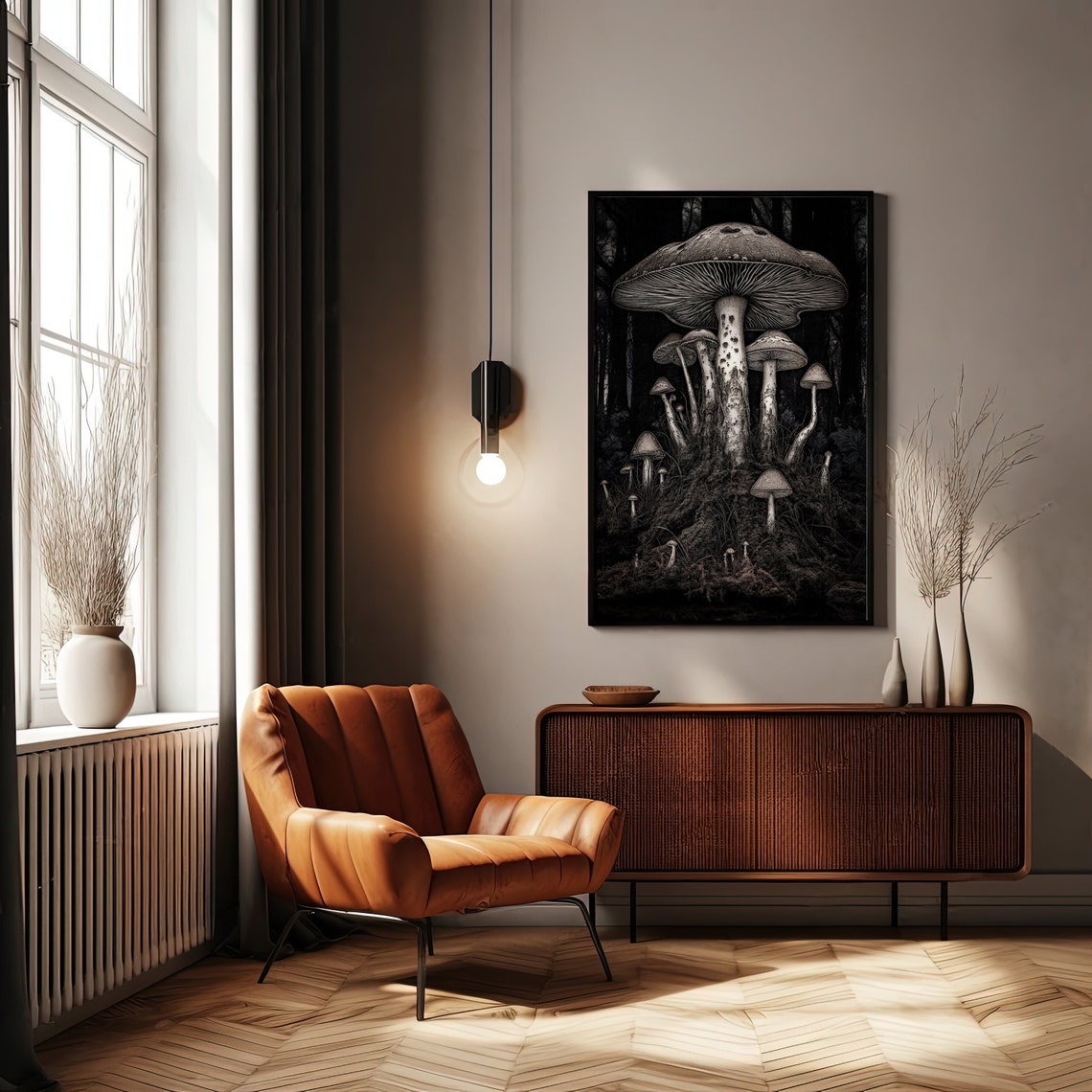 Gothic Black and White Mushroom Forest Dark Botanical Wall Art - Image 2
