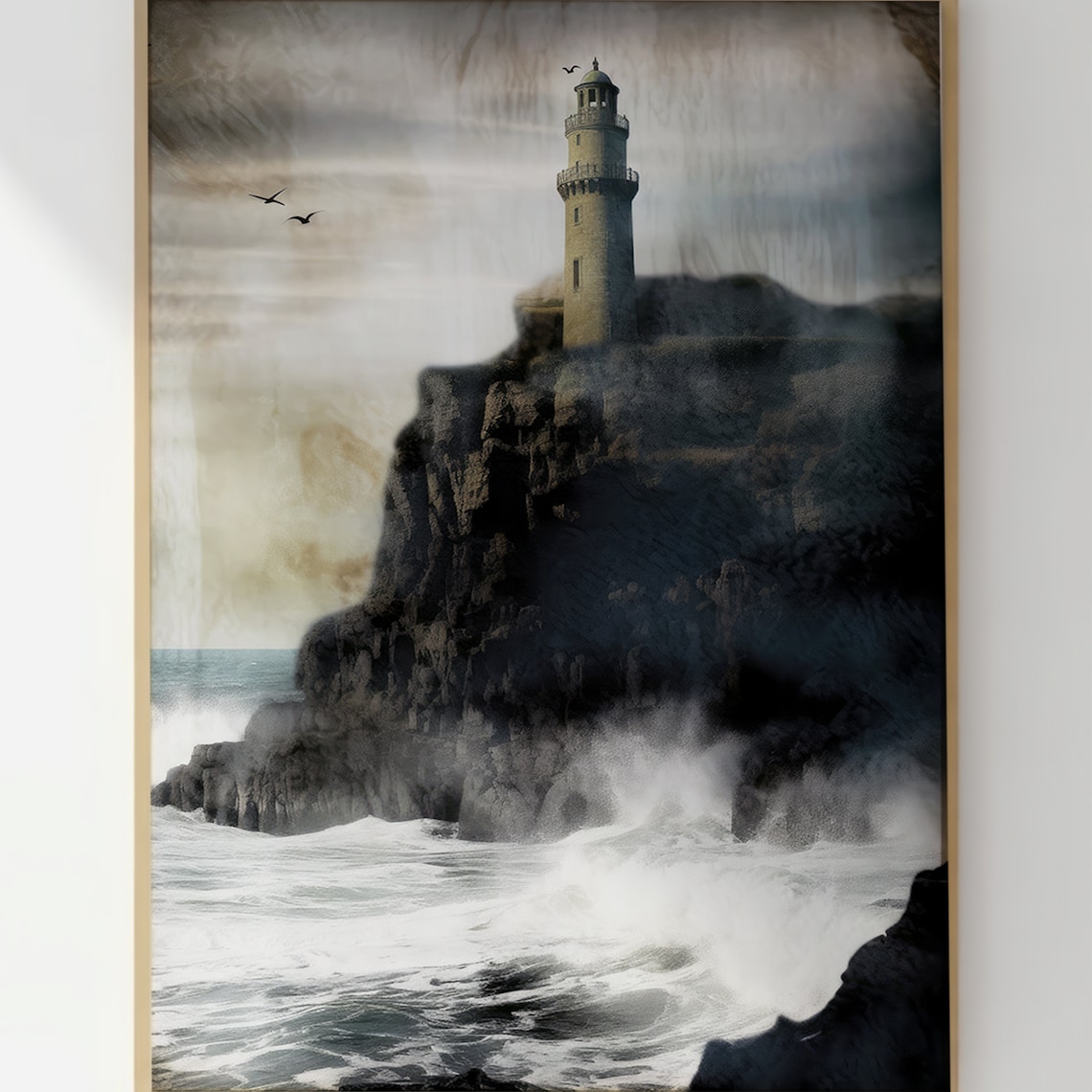 Lighthouse on Stormy Cliffs Moody Grayscale Seascape Art Print - Image 2