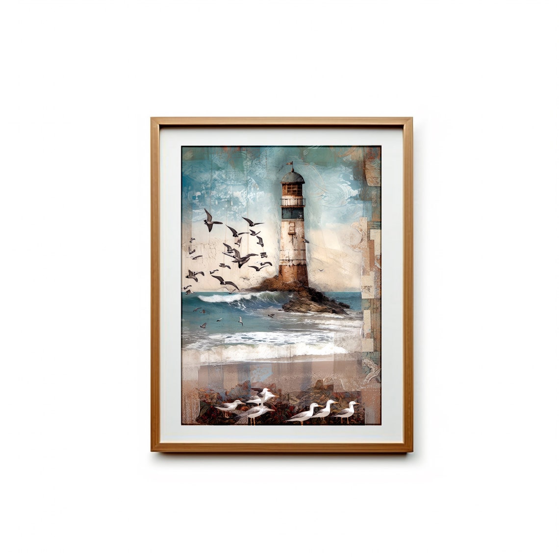 Vintage Lighthouse Coastal Beach Seagulls Collage Art Poster - Image 2