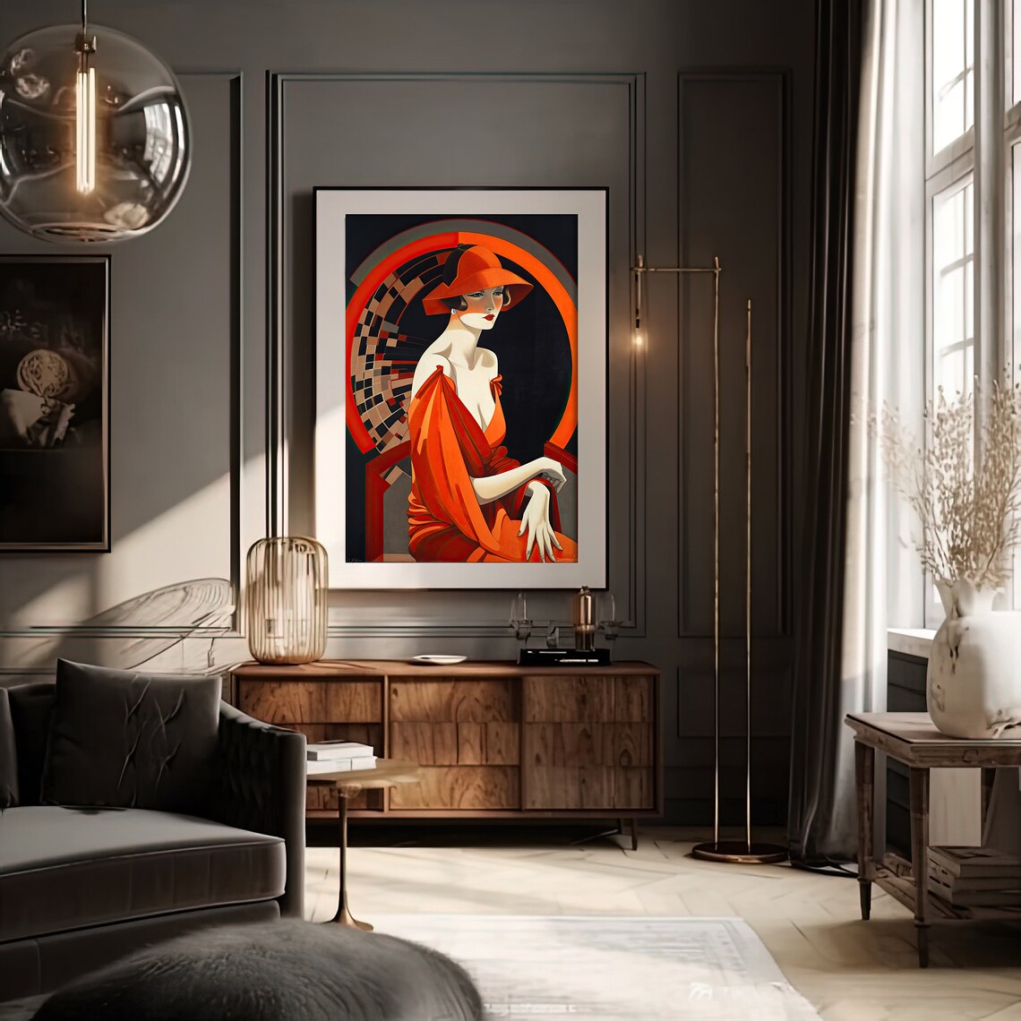 Elegant Art Deco Lady in a Red Cloche Hat and Scarlet Silk Gown Poster - Image 2