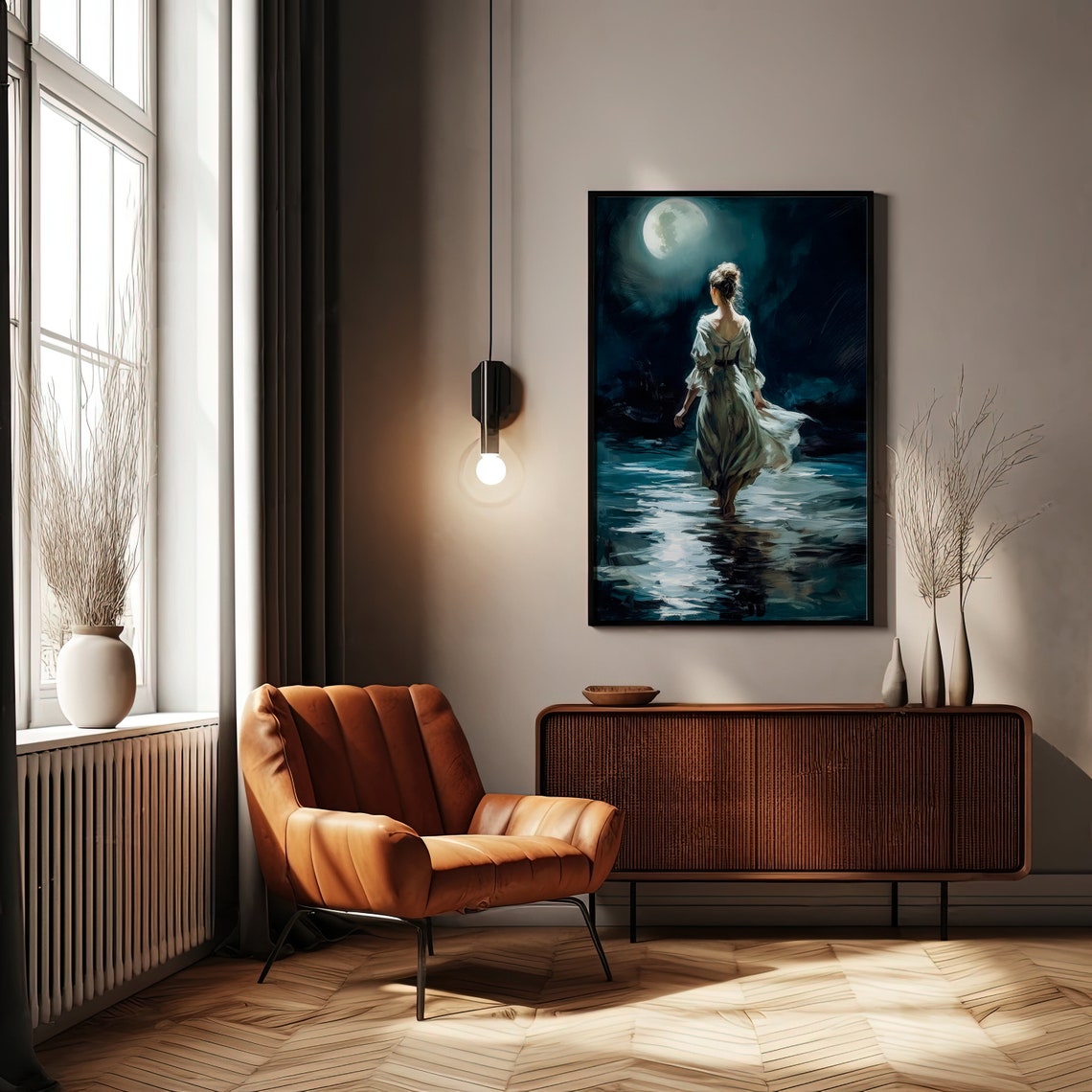 Victorian Woman in a White Gown Walking Through Moonlit Water Poster - Image 2