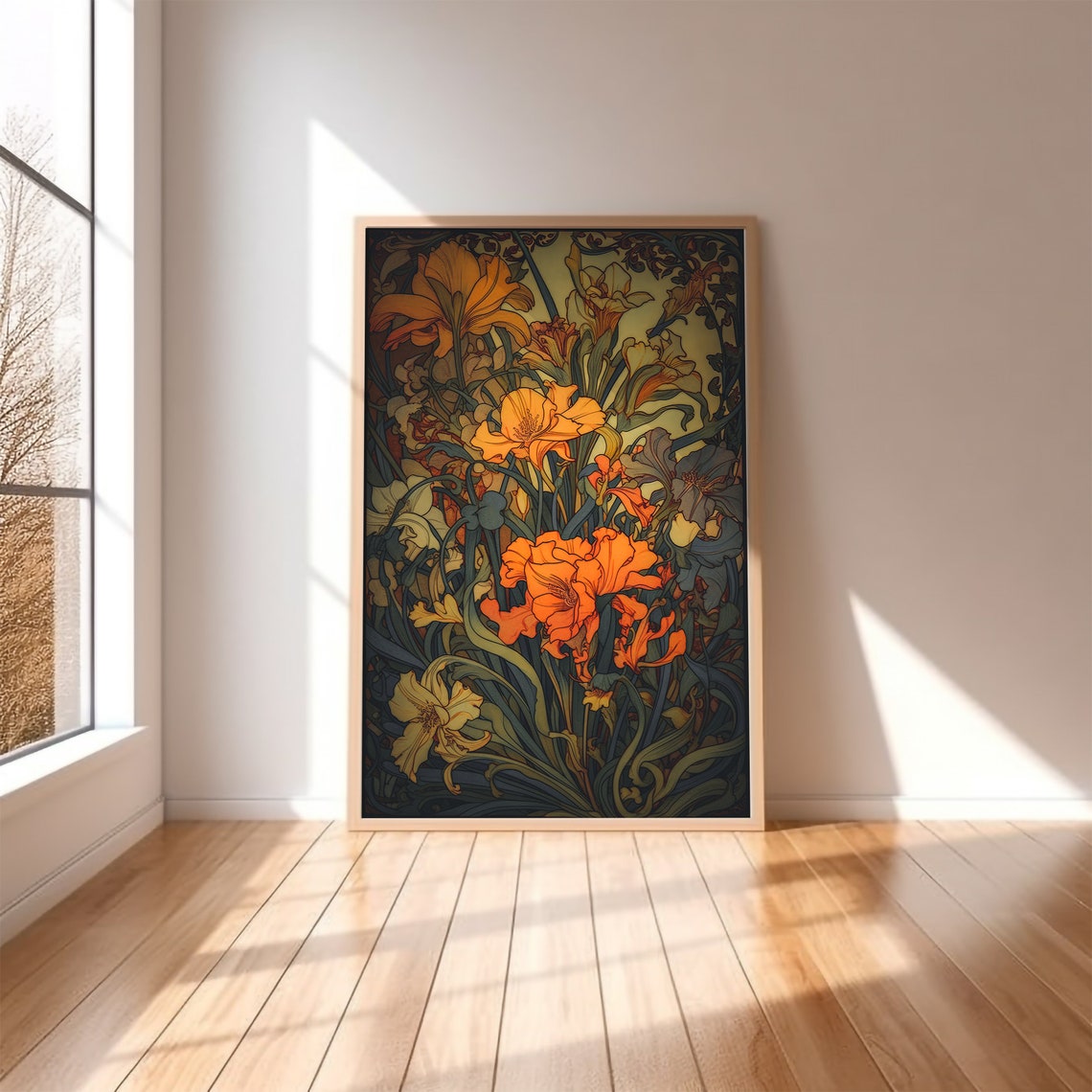 Art Nouveau Glowing Orange Iris Lilies Vintage Botanical Print - Image 2