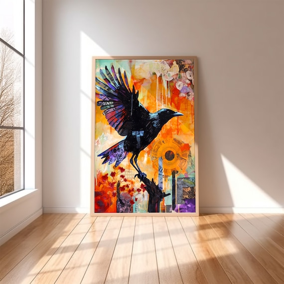Raven in Flight Over Fiery Orange Abstract Expressionist Art Print