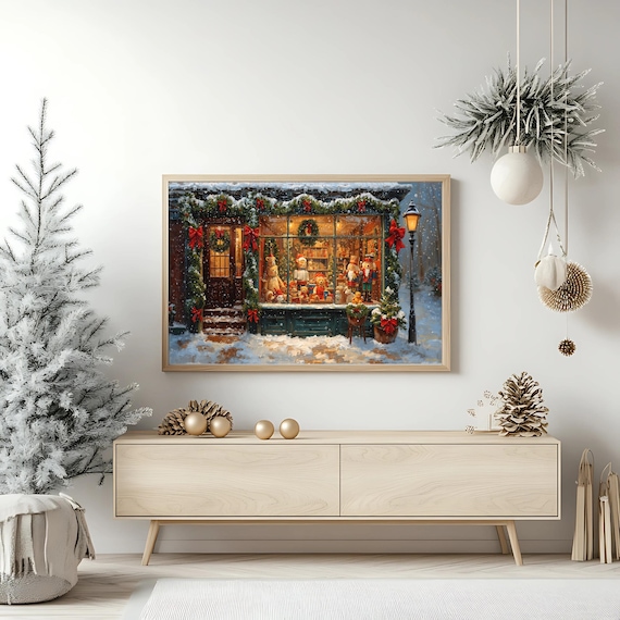 Christmas Toy Shop Snowy Storefront Teddy Window Holiday Poster