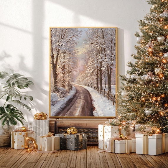 Winter Wonderland Road Snowy Forest Print Cozy Wall Art Rustic Landscape Holiday Home Decor