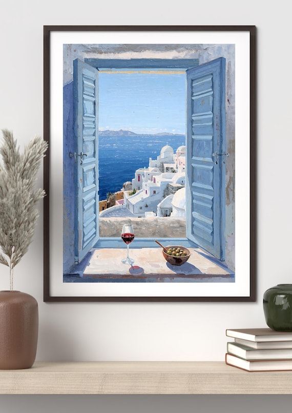 Santorini Window View, Mediterranean Coastal Art Print