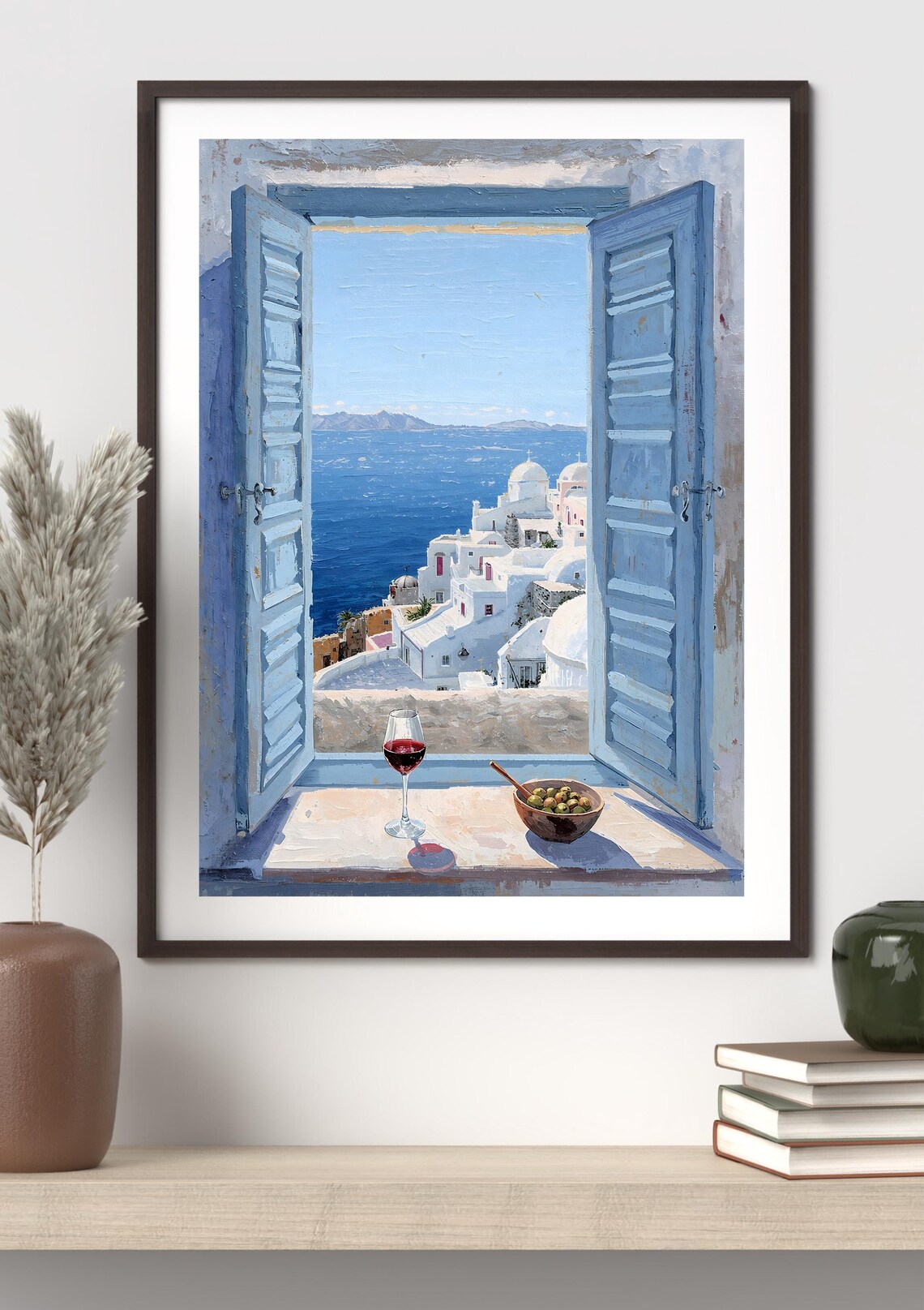 Santorini Window View, Mediterranean Coastal Art Print