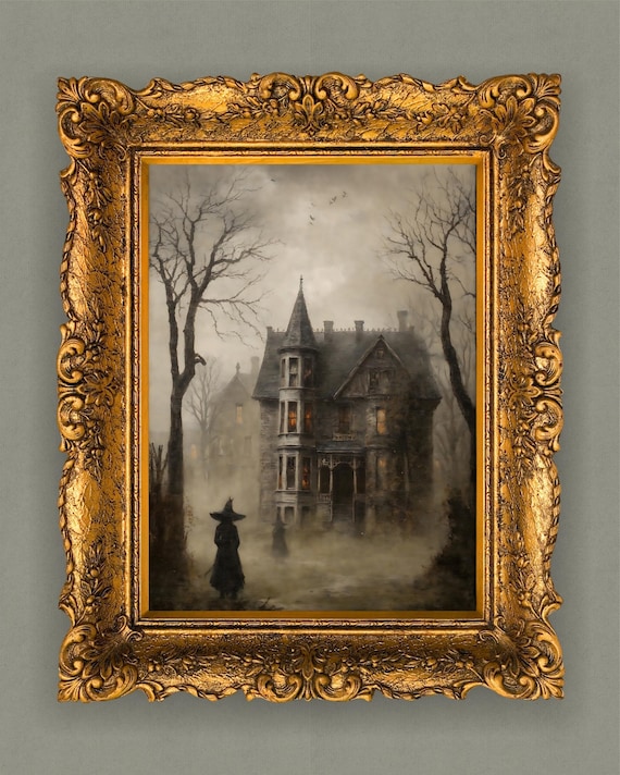 Haunted House Halloween Wall Art Vintage Witch Print Gothic Spooky Mansion Home Decor