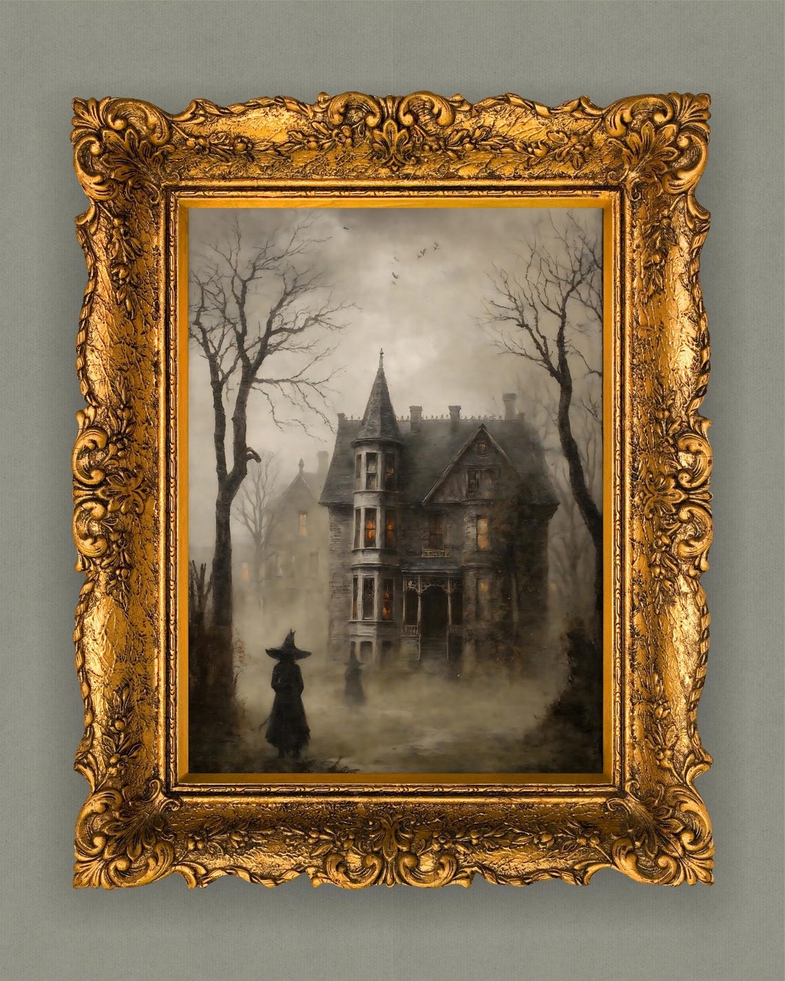 Spooky Victorian Haunted Mansion Foggy Night Halloween Poster