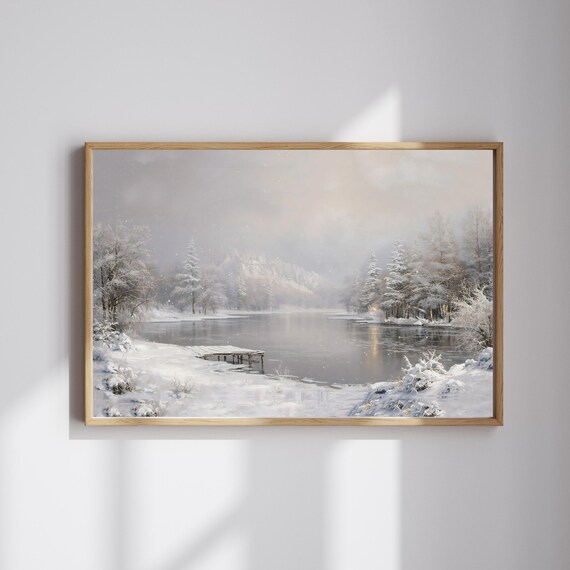 Winter Wonderland Landscape Wall Art Snowy Lake Painting Rustic Cabin Decor Cozy Artwork Instant
