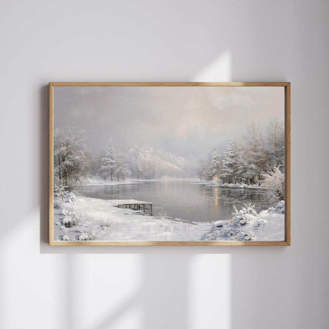 Winter Wonderland Snowy Lake Landscape Wooden Dock Rustic Cozy Poster