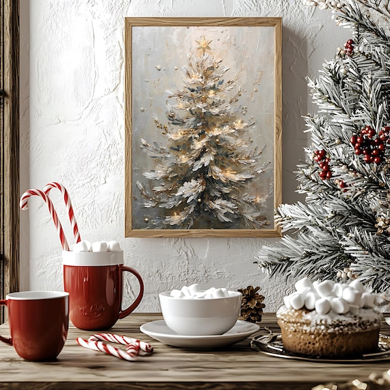 Elegant White And Gold Christmas Tree Star Oil Painting Art Poster