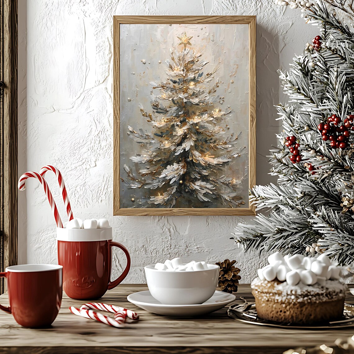 Elegant White And Gold Christmas Tree Star Oil Painting Art Poster