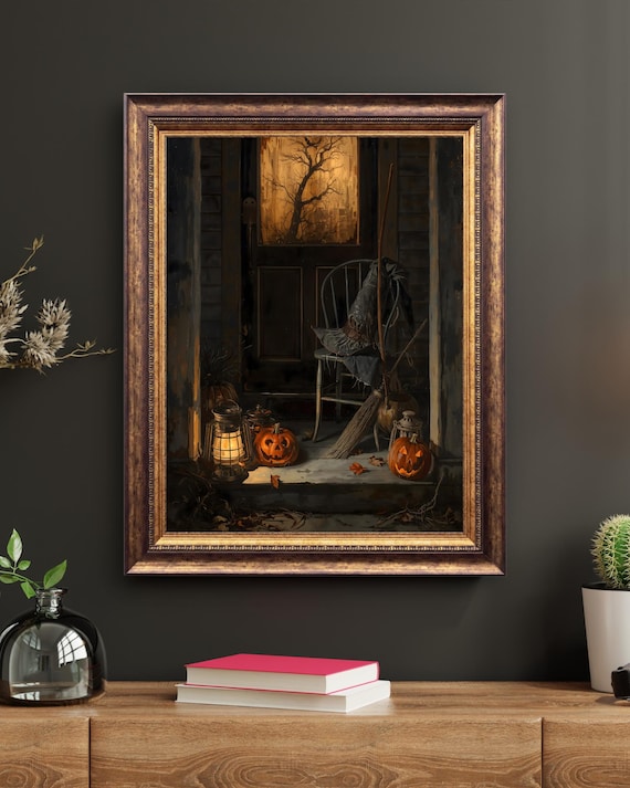 Vintage Halloween Porch Wall Art Rustic Pumpkins Witch Hat Jack Olanterns Spooky Lantern Print Fall Home Dcor