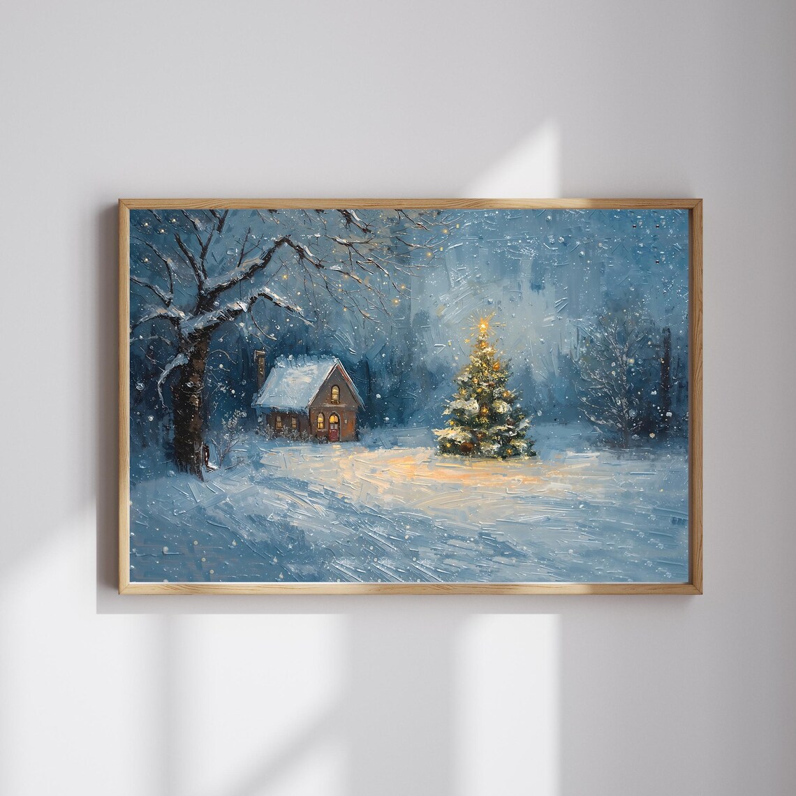 Cozy Christmas Cabin Painting, Winter Landscape