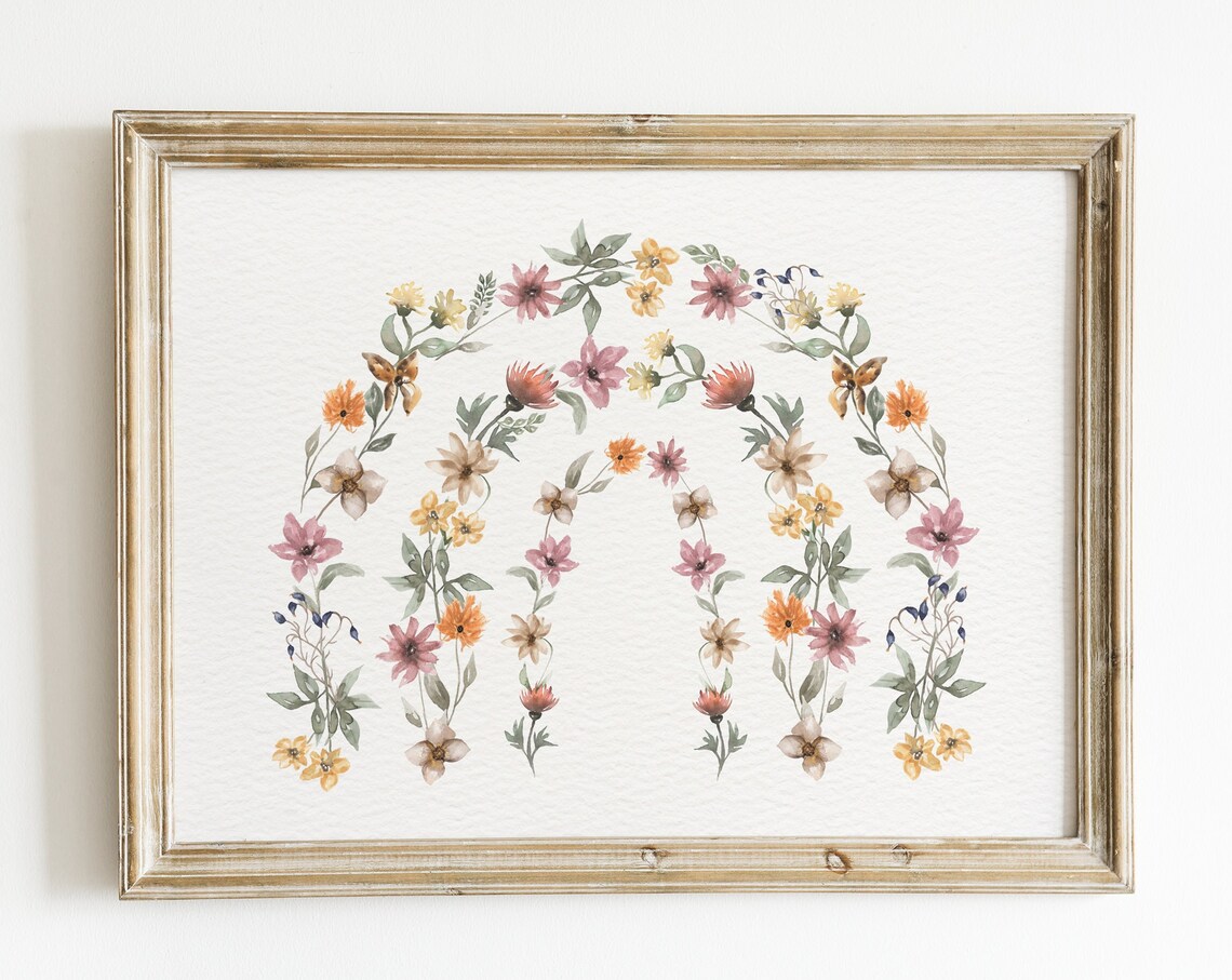 Wildflower Rainbow Boho Spring Art Print, Nursery Decor
