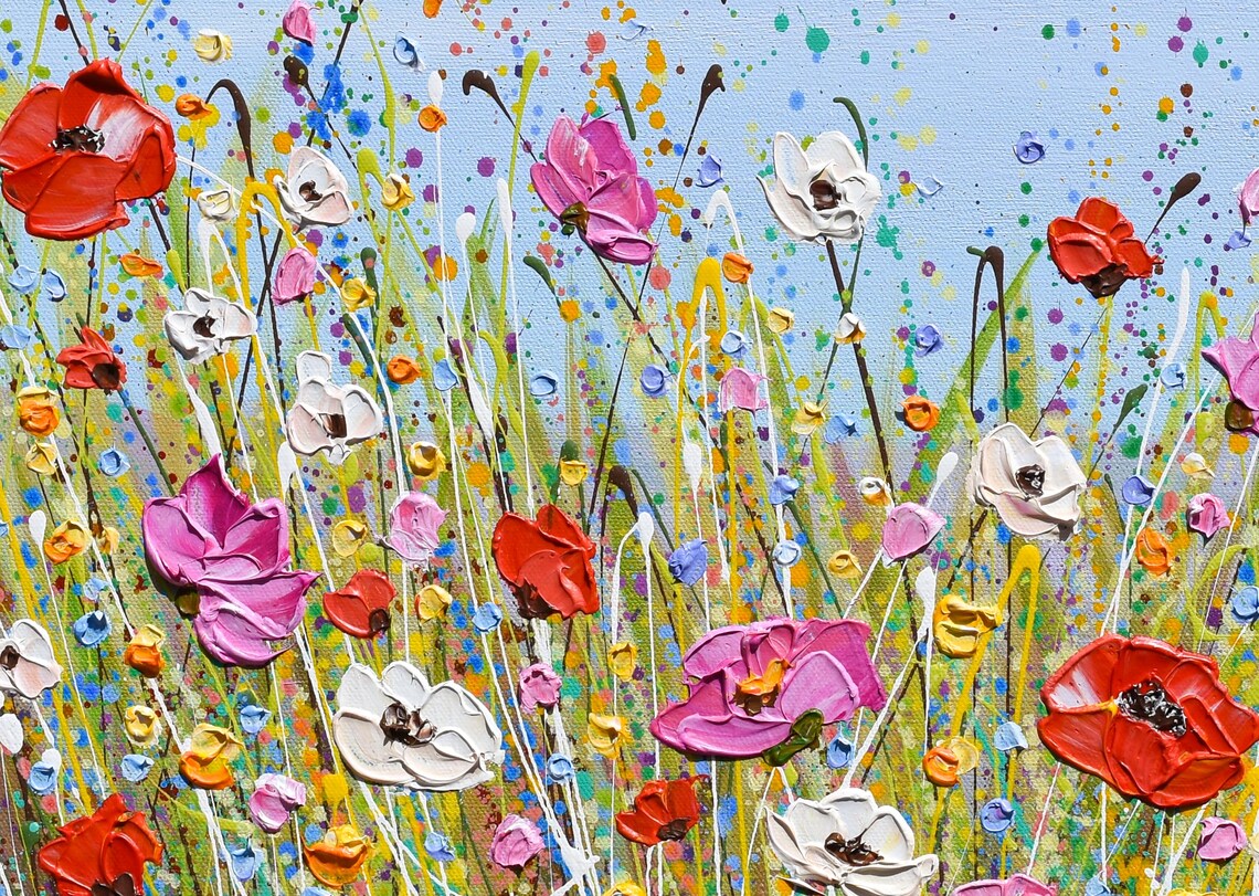 Colorful Poppy Flower Field Painting Red White Pink Blooms Art Print