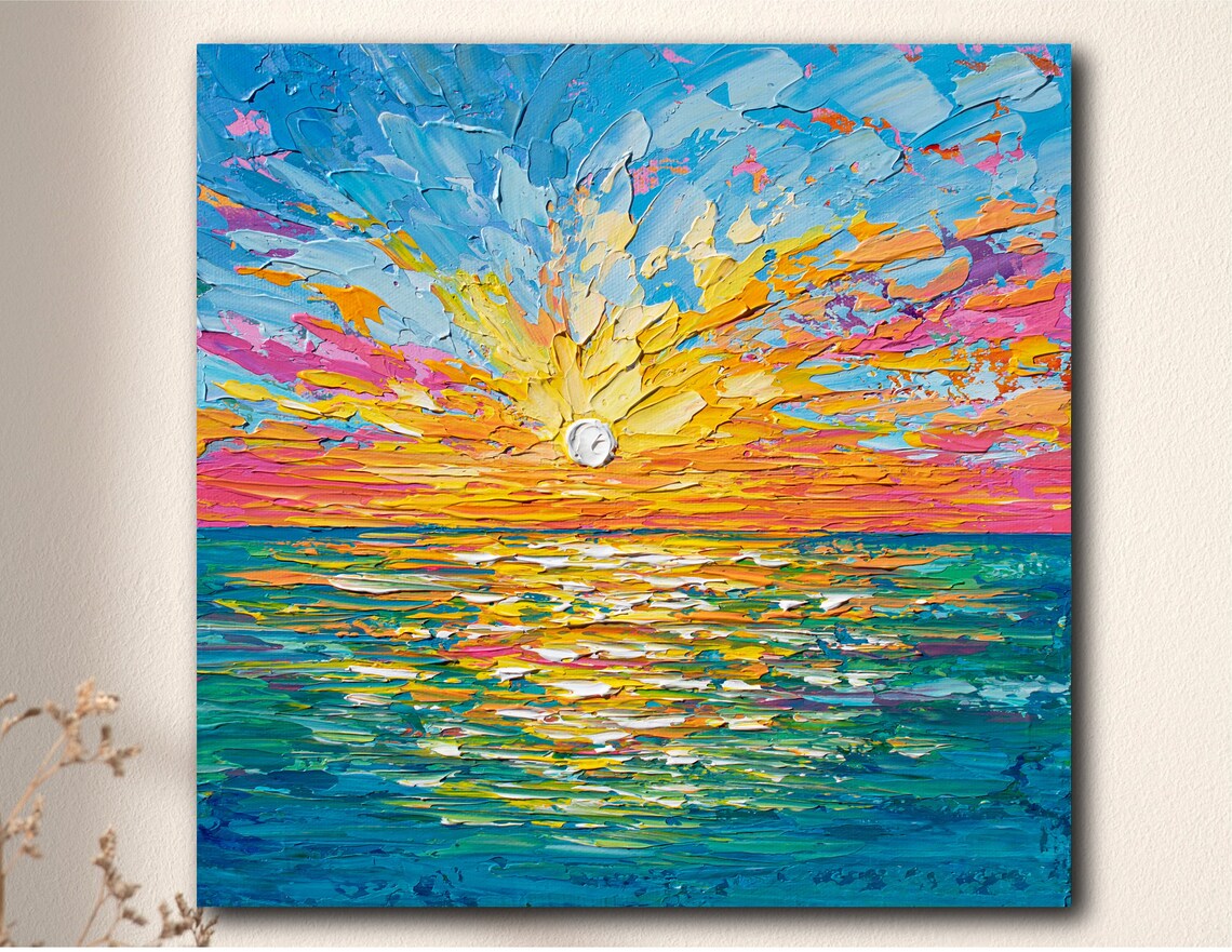 Ocean Sunset, Bright Teal Coastal Seascape Art Print