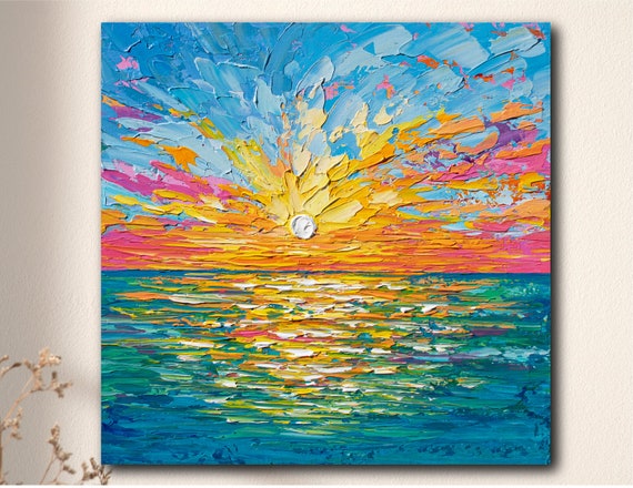 Ocean Sunset, Bright Teal Coastal Seascape Art Print