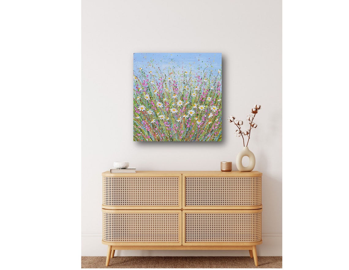 White Daisies Pink Wildflowers Spring Meadow Splatter Art Poster - Image 3