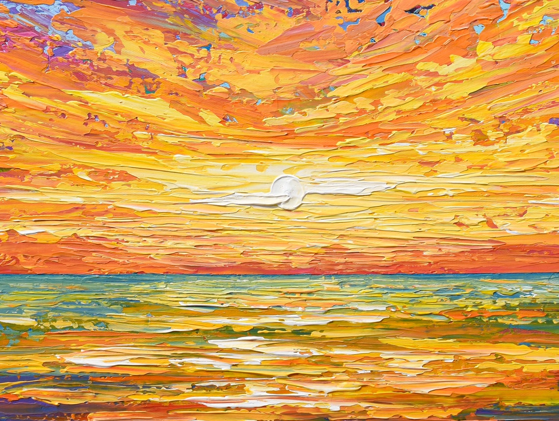 Sunset Ocean Painting Fiery Sky Golden Reflection Impasto Art Poster - Image 2