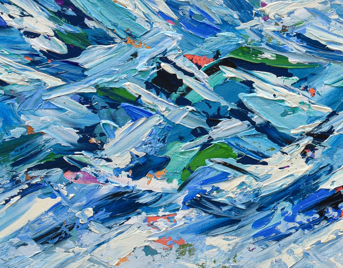 Blue Ocean Wave Abstract Palette Knife White Green Modern Art Poster - Image 3