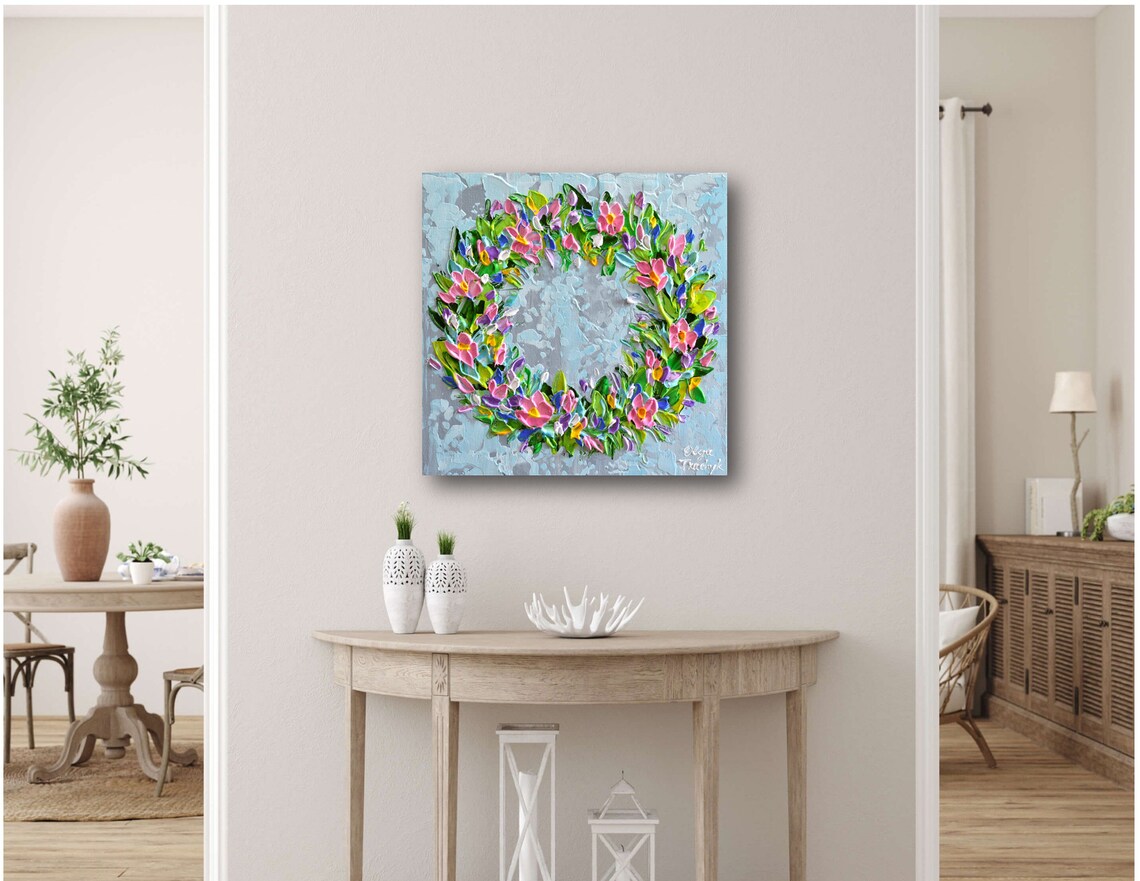 Pink Flower Wreath Spring Purple Blossom Blue Floral Art Poster - Image 3