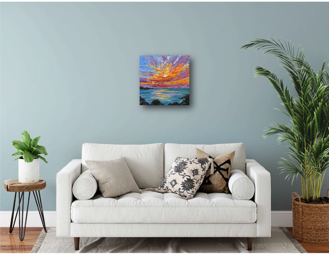Dramatic Sunset Ocean Rocky Shore Purple Orange Sky Seascape Art Print - Image 3