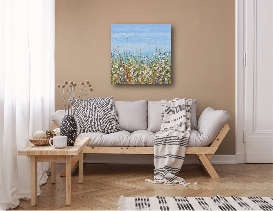 White Daisy Field Blue Sky Square Summer Floral Impasto Art Print - Image 2