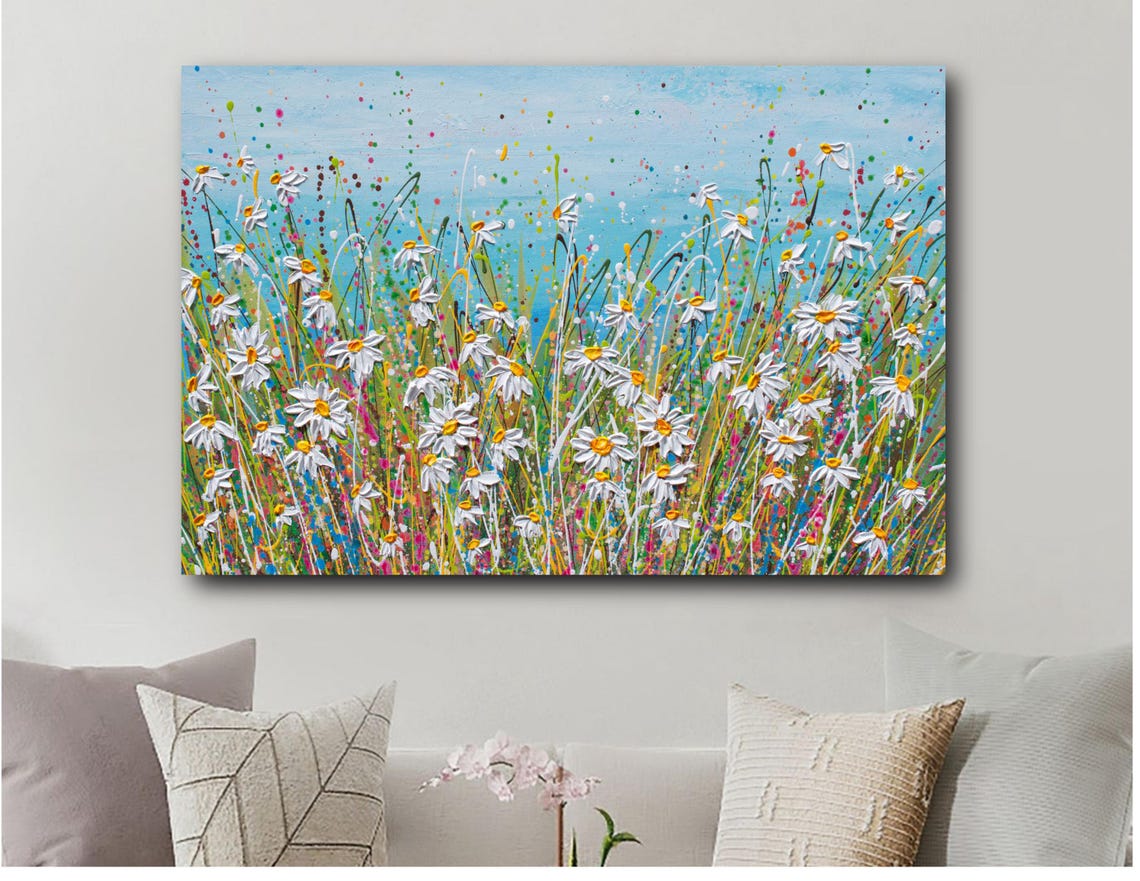 White Daisy Field Painting Wildflower Meadow Blue Sky Summer Poster - Image 3