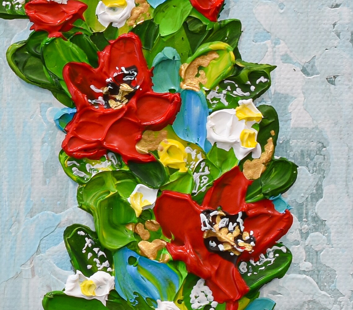 Christmas Wreath Red Flowers Blue Holiday Floral Impasto Art Poster - Image 2