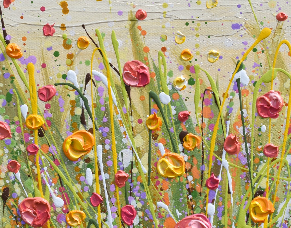 Pink Yellow Wildflower Field Square Spring Meadow Impasto Art Print - Image 2