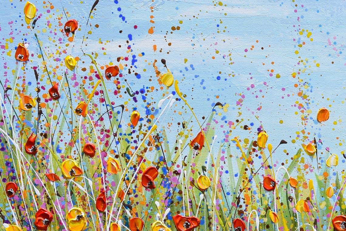 Red Poppy Yellow Wildflower Field Panoramic Summer Meadow Art Print - Image 3