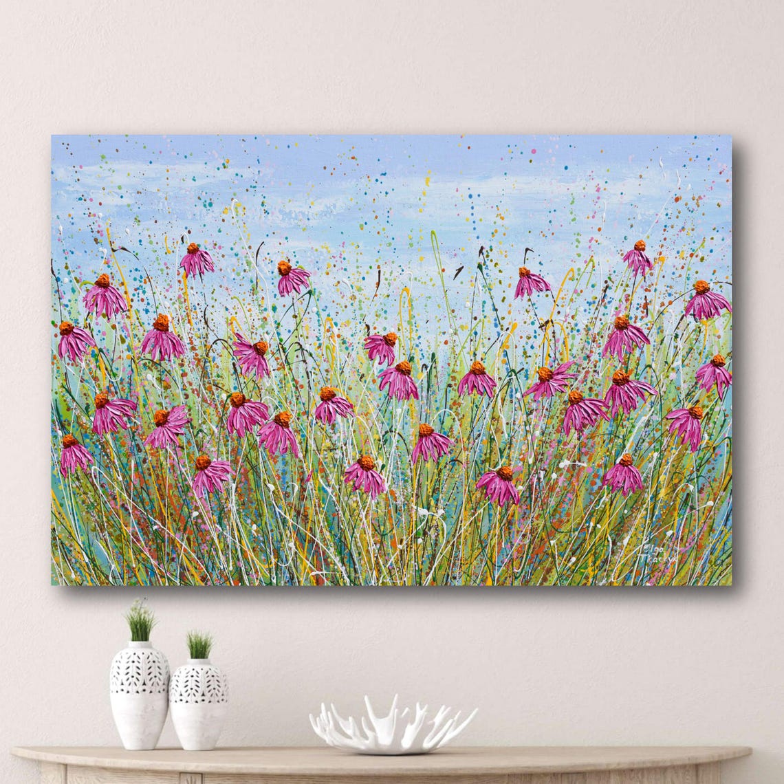 Pink Echinacea Panoramic Wildflower Field Blue Sky Splatter Poster
