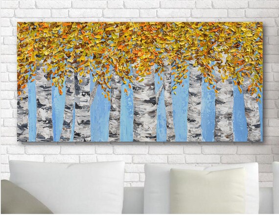 Golden Yellow Birch Forest Painting Textured Original Palette Knife Artwork Fall Landscape Art